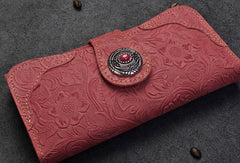 Handmade Long Leather Wallet Bifold Button Carved Floral Leather Clutch Wallet For Men Women - EverHandmade