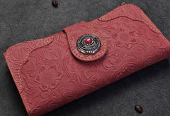 Handmade Long Leather Wallet Bifold Button Carved Floral Leather Clutch Wallet For Men Women