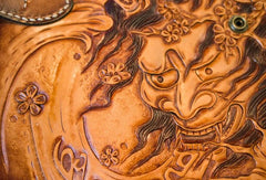 Handmade Leather Mens Cool Tooled Prajna Chain Wallet Biker Trucker Wallet with Chain