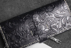 Handmade long leather wallet floral leather clutch wallet for women men zip - EverHandmade