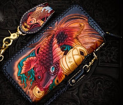 Handmade Leather Tooled Carp Mens Chain Biker Wallet Cool Leather Wallet Long Phone Wallets for Men
