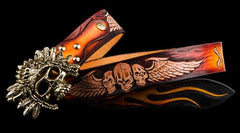 Handmade Cool Brown Leather Tooled Skull Mens Belt Leather Men Belt for Men
