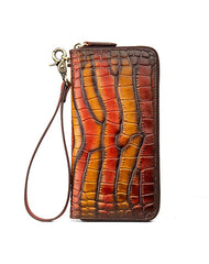 Crocodile Pattern Yellow&Red Leather Wristlet Wallet Womens Zip Around Wallets CONTRAST COLOR Ladies Zipper Clutch Wallets for Women