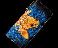 Handmade Leather Men Tooled Carp Cool Biker Leather Wallets Long Chain Wallets for Men