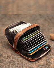 Leather Zipper Card Wallets Brown Cute Small Women Double Zip Card Wallet For Ladies
