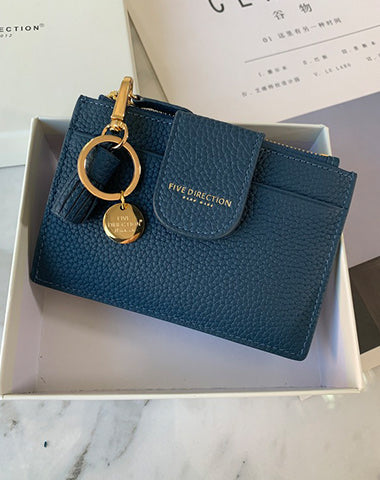 Cute Women Dark Blue Leather Slim Keychain with Card Wallet Card Holder Wallet Change Wallet For Women