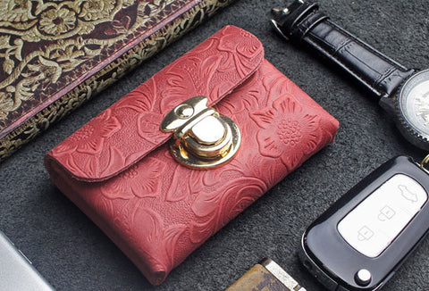 Handmade card leather change coin wallet flowral leather billfold wallet for men women