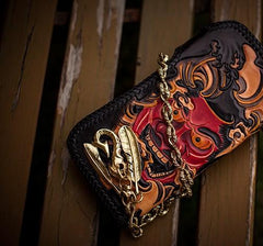 Handmade Leather Tooled Prajna Mens Chain Biker Wallet Cool Leather Long Wallet With Chain Wallets for Men