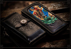 Handmade Leather Tooled Carp Mens Chain Biker Wallet Cool Leather Wallet Long Phone Wallets for Men