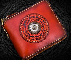 Handmade Leather Small Tibetan Tooled Mens billfold Wallet Cool Chain Wallet Biker Wallet for Men