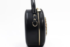 Genuine Leather Round Bag Handbag Purse Shoulder Bag Black for Women Leather Crossbody Bag - EverHandmade