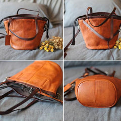 Leather Drawstring Bucket Bag Tan Bucket Shoulder Bag - Annie Jewel