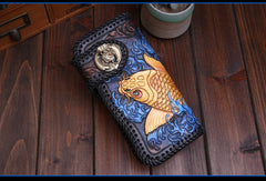Handmade Leather Long Black Biker Wallet Leather Chain Wallet Men Red Carp Tooled Wallets - EverHandmade