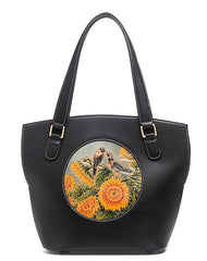 Handmade Womens Black Leather Tote Handbag Purse Birds Tote Bag for Women