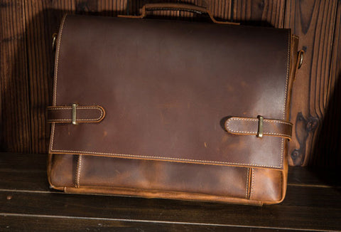 Vintage Mens Coffee Leather Briefcase Business Handbag Work Bag Side Bag for men
