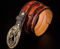 Handmade Leather Tooled Chinese Dragon Mens Belt Custom Cool Leather Men Belts for Men