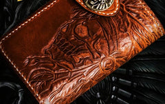 Handmade Leather Tooled Skull Indian Chief Biker Wallets Mens Cool billfold Chain Wallet Trucker Wallet with Chain