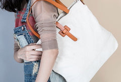 Leather Handbag Canvas Tote Bag Shoulder Bag Purse For Women - EverHandmade