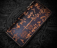 Handmade Leather Mens Chain Chinese Handwriting Biker Wallets Cool Leather Wallet Long Phone Wallets for Men