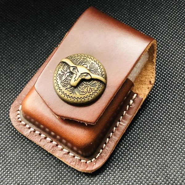 Brown Handmade Leather Mens OX Zippo Lighter - Back View