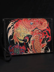 Black Handmade Tooled Leather Carp Chinese Dragon Clutch Wallet Wristlet Bag Clutch Purse For Men