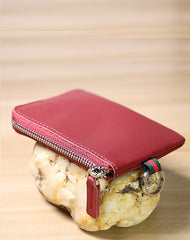 Slim Women Navy Leather Mini Zip Wallet with Keychain Billfold Minimalist Coin Wallet Small Zip Change Wallet For Women