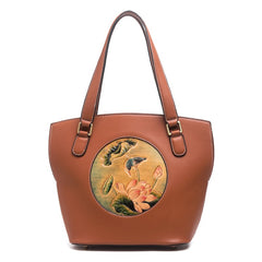 Handmade Womens Brown Leather Tote Handbag Purse Lotus Tote Bag for Women