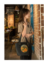Handmade Womens Black Leather Tote Handbag Purse Birds Tote Bag for Women
