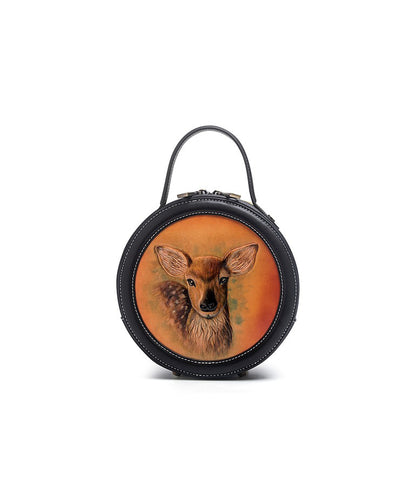 Handmade Womens Black Leather Round Handbag Purse Round Deer Crossbody Bag for Women