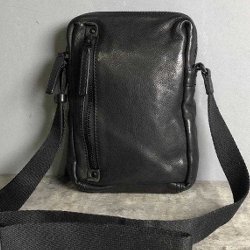 Genuine Brown Leather Mens Cool Small Vertical Side Bag Black Messenger Bag Shoulder Bag for men