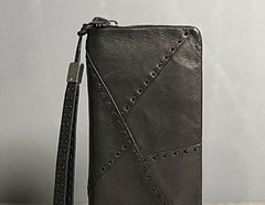 Handmade Genuine Leather Mens Cool Long Leather Wallet Biker Wallet Zipper Clutch Wristlet Wallet for Men