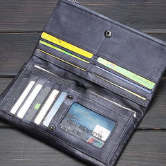 Handmade Leather Mens Cool Long Leather Wallet Wristlet Clutch Wallet for Men