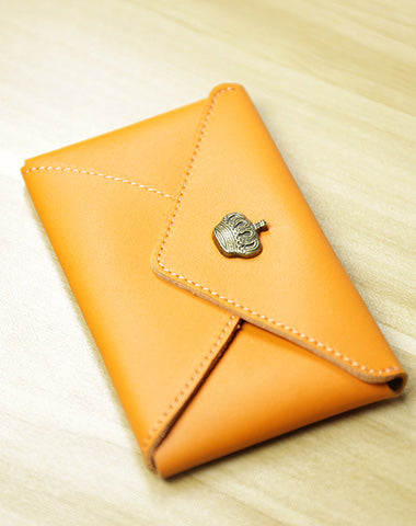 Slim Women Orange Crown Leather Card Wallet Minimalist Envelope Card Holder Wallet Coin Wallet For Women