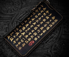 Handmade Leather Mens Chinese Handwriting Biker Chain Wallet Cool Leather Wallets Long Wallets for Men