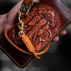 Handmade Leather Tooled Ganesh Mens Chain Biker Wallets Cool Leather Wallet Zipper Long Wallets for Men