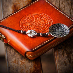 Handmade Leather Tibetan Tooled Mens billfold Wallet Cool Small Chain Wallet Biker Wallet for Men