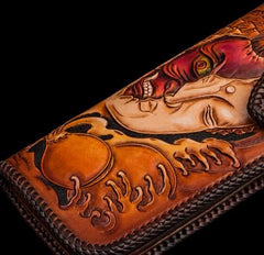 Handmade Leather Tooled Buddha&Demon Mens Chain Long Biker Wallet Cool Leather Wallet With Chain Wallets for Men