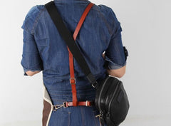 Genuine Small Black Leather Mens Cool Chest Bag Sling Bag Crossbody Pack for men