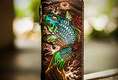 Handmade leather carp biker wallet clutch zip long wallet brown leather men phone