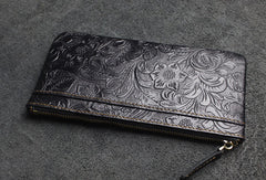 Handmade long leather wallet zipper flowral leather clutch wallet for men women