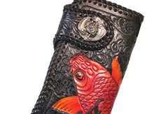 Handmade Leather Long Black Biker Wallet Trucker Wallet Leather Chain Men Red Carp Tooled Wallet - EverHandmade