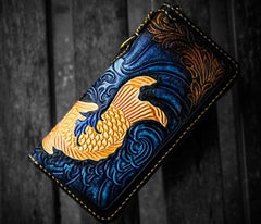 Handmade Leather Men Tooled Carp Cool Leather Biker Wallets Long Wallets for Men