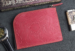 Handmade small leather change coin wallet flowral Zipper leather billfold wallet for men women