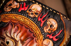 Handmade Leather Mahākāla Mens Tooled Chain Biker Wallet Cool Long Leather Wallet With Chain Wallets for Men