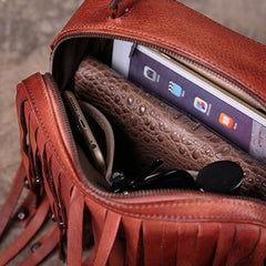 Red Vintage Womens Leather Purse Tassel Handbag Brown Shoulder Bag Crossbody Purses for Ladies