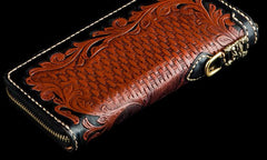 Handmade Leather Mens Tooled Eagle Chain Biker Wallet Cool Leather Wallet Long Clutch Wallets for Men