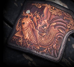 Handmade Leather Tooled Long Carp Mens Chain Biker Wallets Cool Leather Wallet With Chain Wallets for Men