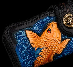 Handmade Leather Carp Tooled Long Mens Chain Biker Wallets Cool Leather Wallet With Chain Wallets for Men