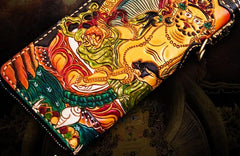 Handmade Leather Tooled Yellow Jambhala Mens Chain Biker Wallet Cool Leather Wallet Zipper Long Wallet for Men