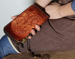 Handmade Leather Ganesha Tooled Biker Chain Mens Long Wallet Cool Leather Wallet Clutch Wallet for Men